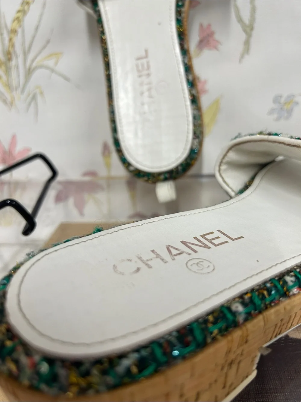 CHANEL Green Tweed Espadrille Slide Sandals with Gold Chain Logo